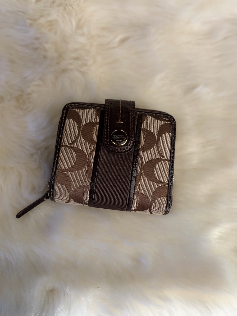 Coach Brown Signature Canvas Zip-Around Wallet- Authentic